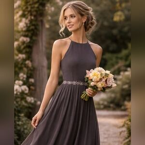 BHLDN Anthropologie Donna Morgan Alana Charcoal Chiffon Gown Size 0 NWT